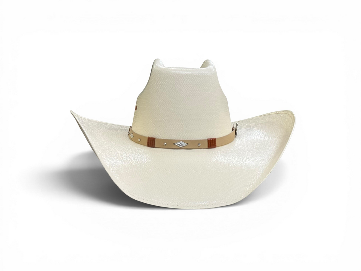 LR BOOTS Tombstone 8 Segundos 15X white cowboy hat with a tan leather band and silver stud accents