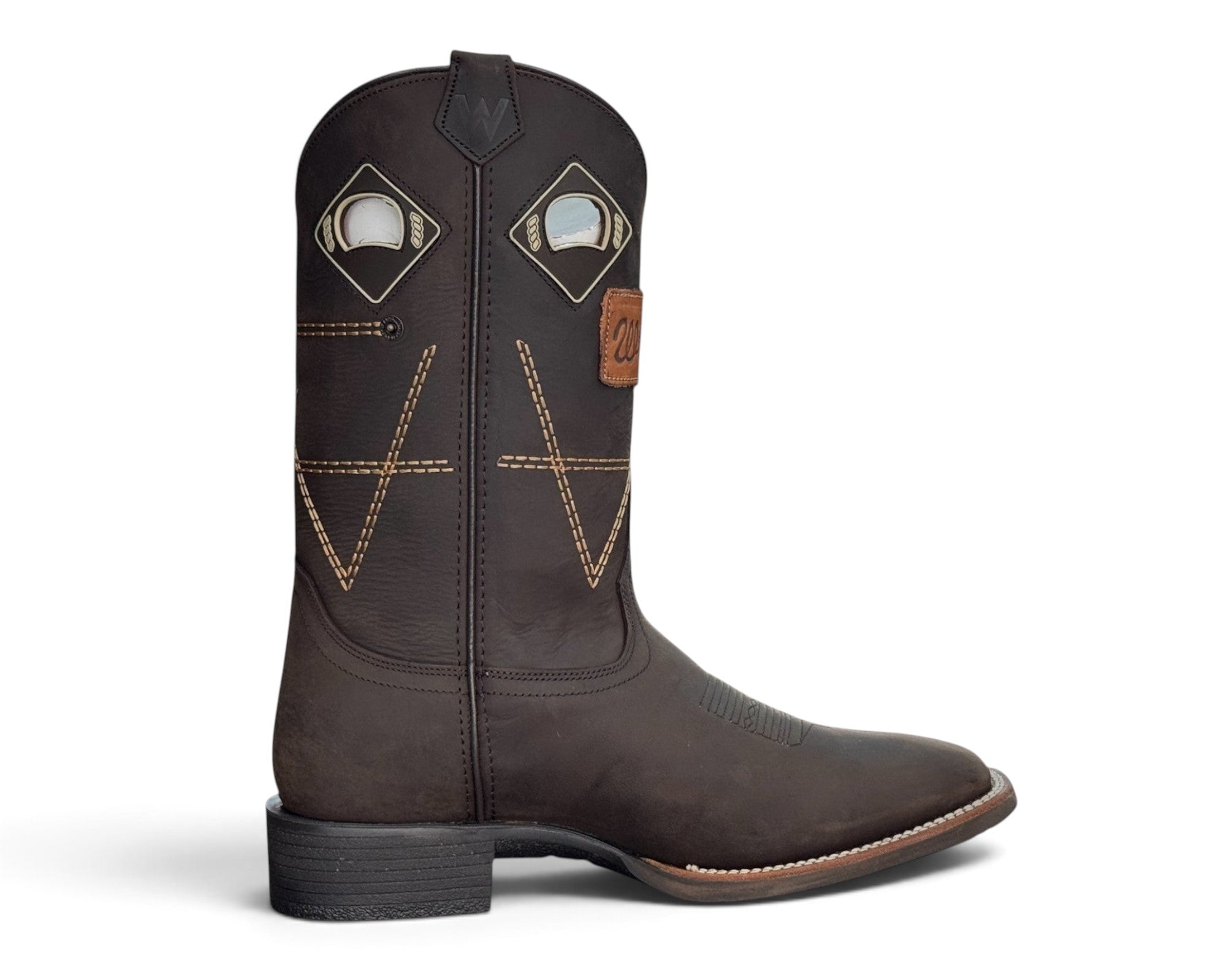 LR BOOTS Wrangler Legend men's dark brown leather western cowboy boot with decorative stitching and pull holes