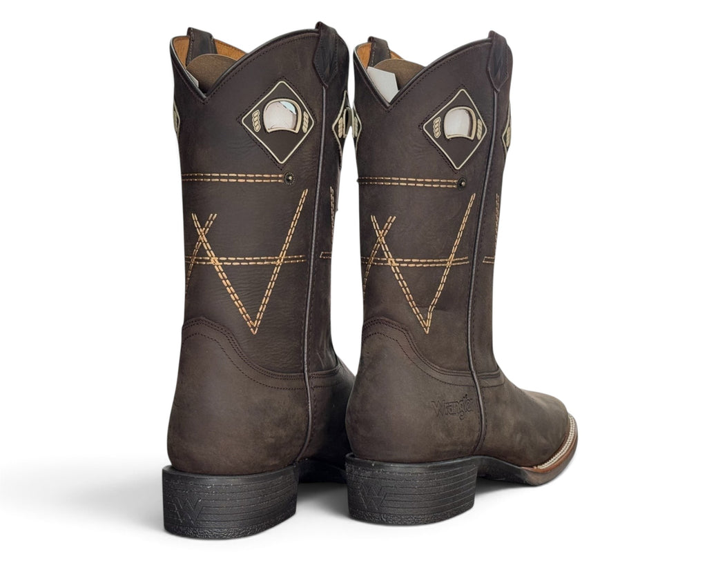 LR BOOTS Wrangler Legend men's brown leather western cowboy boots with decorative stitching and back pull tabs