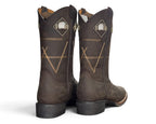 LR BOOTS Wrangler Legend men's brown leather western cowboy boots with decorative stitching and back pull tabs