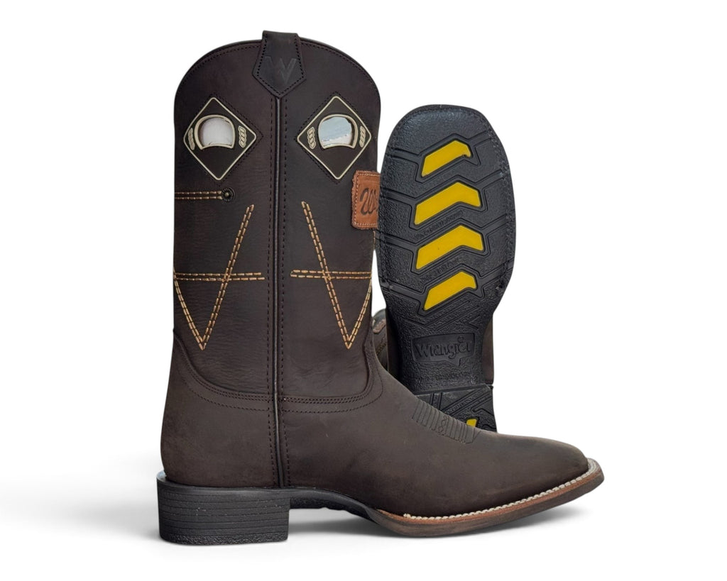LR BOOTS Wrangler Legend men's dark brown leather western boots with decorative stitching and yellow rubber sole